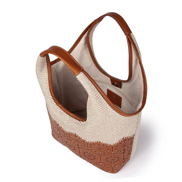 Roberta Gandolfi Giulia Hobo in rafia e pelle il pannello tagliato al laser è interamente cucito a mano Vendita Economica