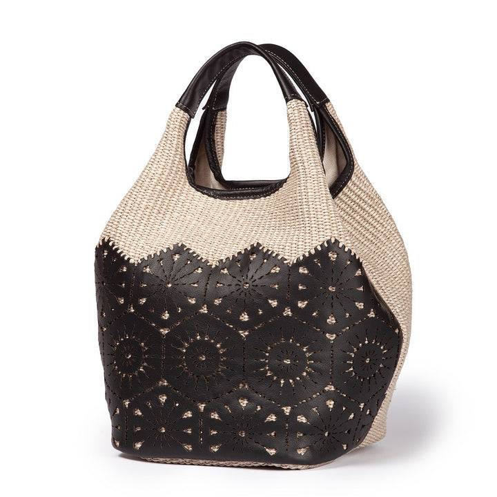 Roberta Gandolfi Giulia Handbag in rafia e pelle il pannello tagliato al laser è interamente cucito a mano con tracolla staccabile Vendite Flash