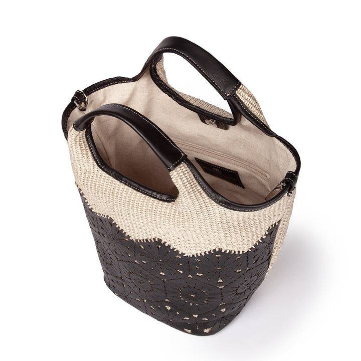 Roberta Gandolfi Giulia Handbag in rafia e pelle il pannello tagliato al laser è interamente cucito a mano con tracolla staccabile Vendite Flash