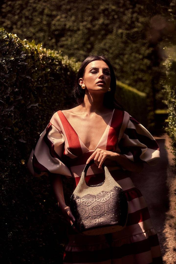 Roberta Gandolfi Giulia Handbag in rafia e pelle il pannello tagliato al laser è interamente cucito a mano con tracolla staccabile Vendite Flash