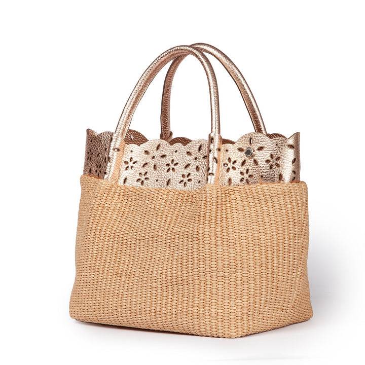 Roberta Gandolfi Diletta Handbag in rafia con balza in pelle laserata con tracolla staccabile Promozione Limitata