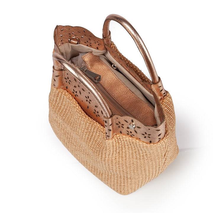 Roberta Gandolfi Diletta Handbag in rafia con balza in pelle laserata con tracolla staccabile Promozione Limitata