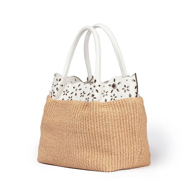 Roberta Gandolfi Diletta Handbag in rafia con balza in pelle laserata con tracolla staccabile Fino Al -60%