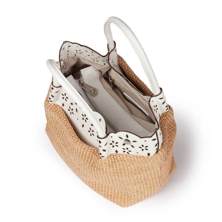 Roberta Gandolfi Diletta Handbag in rafia con balza in pelle laserata con tracolla staccabile Fino Al -60%