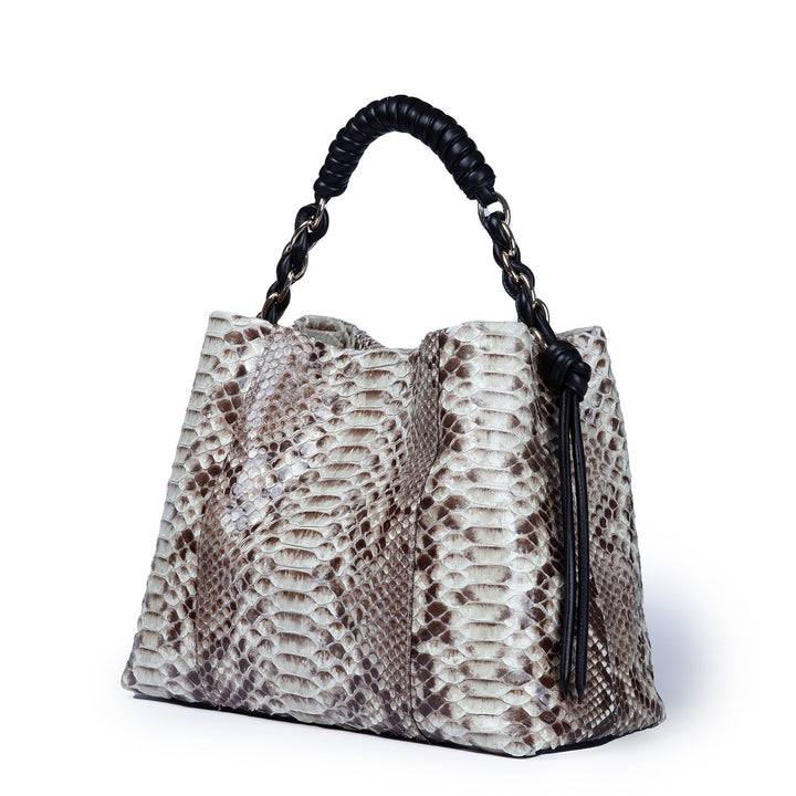 Roberta Gandolfi Amina Pitone large borsa a mano in pitone e finiture in pelle di vitello con manico tubolare fasciato e tracolla staccabile Italy
