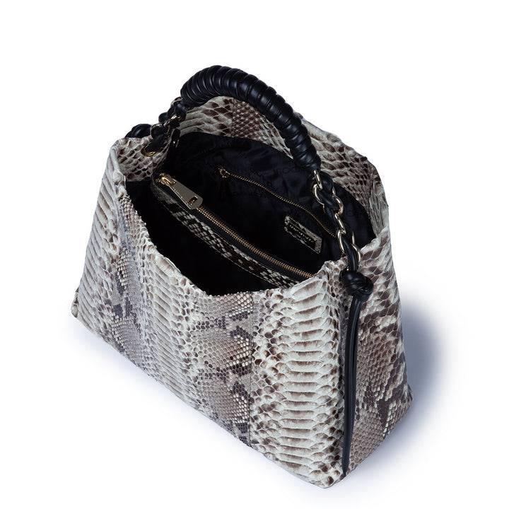 Roberta Gandolfi Amina Pitone large borsa a mano in pitone e finiture in pelle di vitello con manico tubolare fasciato e tracolla staccabile Italy