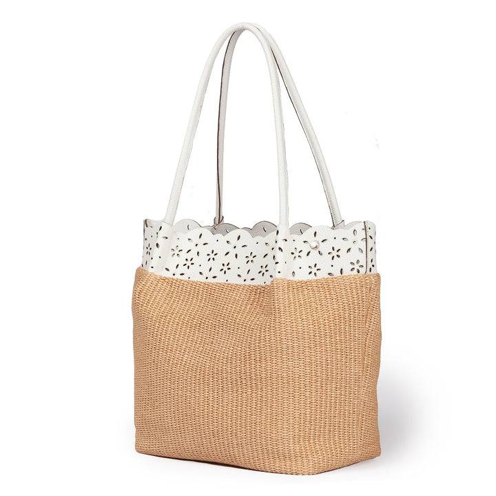 Roberta Gandolfi Diletta Shopping - Tote in rafia con balza in pelle laserata con tracolla staccabile Qualità