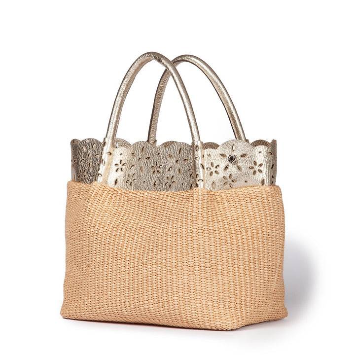 Roberta Gandolfi Diletta Handbag in rafia con balza in pelle laserata con tracolla staccabile Promozione