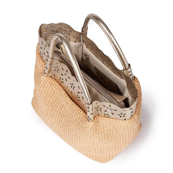 Roberta Gandolfi Diletta Handbag in rafia con balza in pelle laserata con tracolla staccabile Promozione
