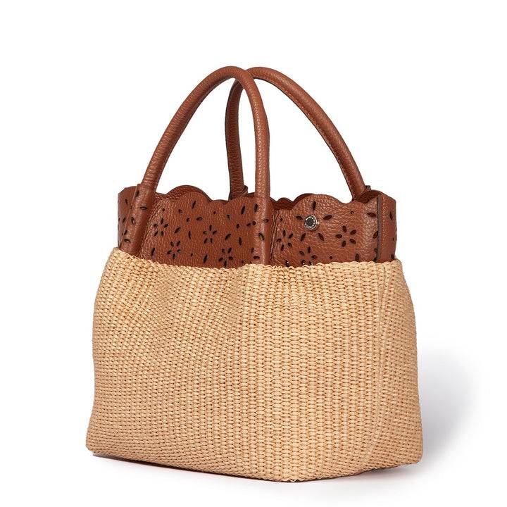 Roberta Gandolfi Diletta Handbag in rafia con balza in pelle laserata con tracolla staccabile Spedizione Gratuita
