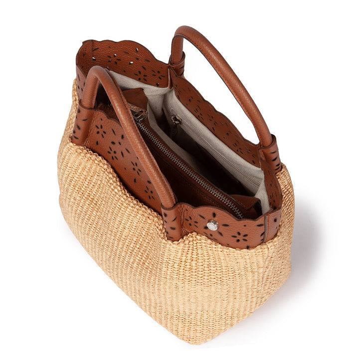 Roberta Gandolfi Diletta Handbag in rafia con balza in pelle laserata con tracolla staccabile Spedizione Gratuita