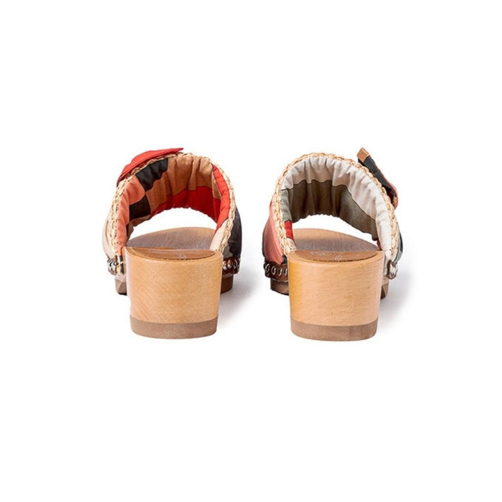 Roberta Gandolfi Lola Sixty sandali in legno con rafia e pelle di vitello con fiocco stampa sixty Presa
