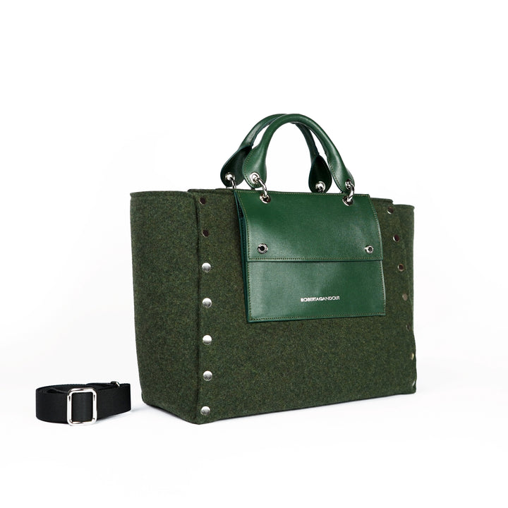 Roberta Gandolfi Rachele Large handbag borsa a mano in tessuto di lana riciclata e finitura in pelle con tasca staccabile Grande vendita