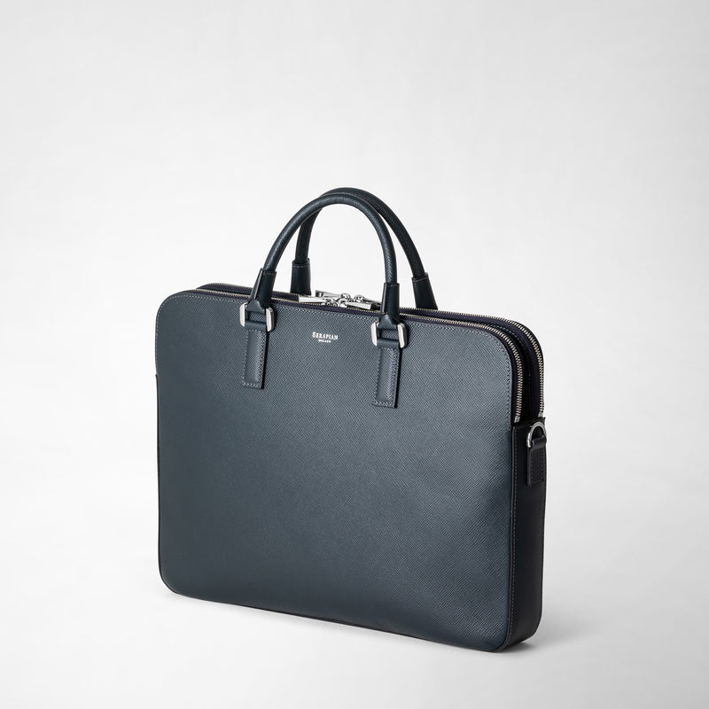 Serapian Borsa business slim doppia zip pelle evoluzione blu In Saldo