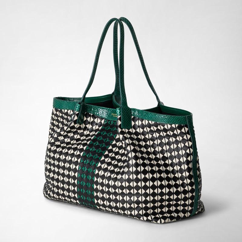 Serapian Secret tote bag mosaico elaphe black-white-emerald 2025