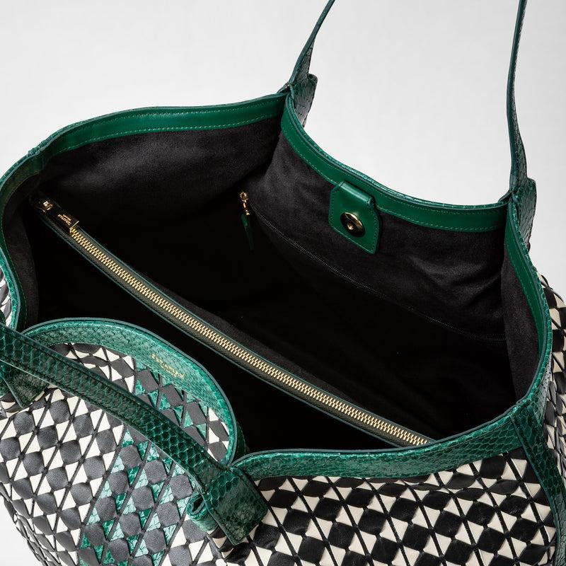 Serapian Secret tote bag mosaico elaphe black-white-emerald 2025