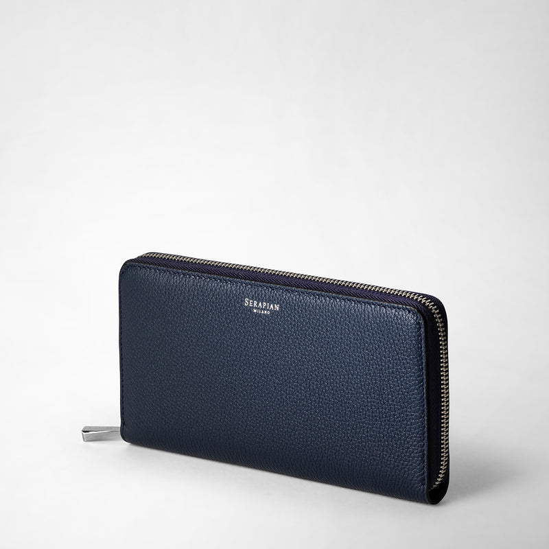 Serapian Portafoglio con zip in pelle rugiada blu navy Liquidazione