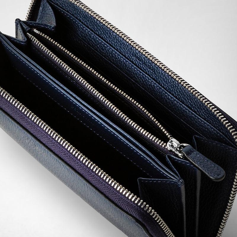 Serapian Portafoglio con zip in pelle rugiada blu navy Liquidazione