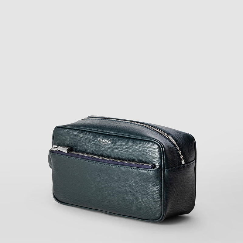 Serapian Wash bag recycled twill evoluzione leather navy blue Fornitura limitata