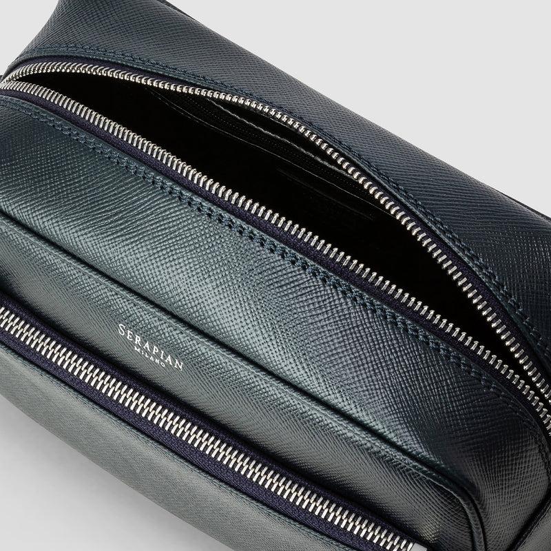 Serapian Wash bag recycled twill evoluzione leather navy blue Fornitura limitata