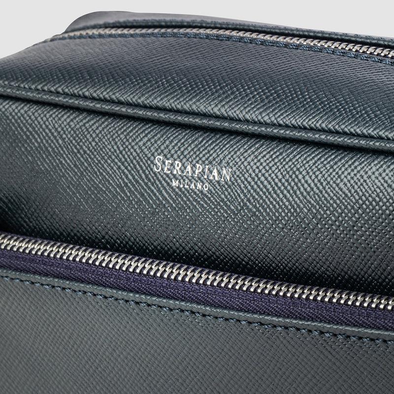 Serapian Wash bag recycled twill evoluzione leather navy blue Fornitura limitata
