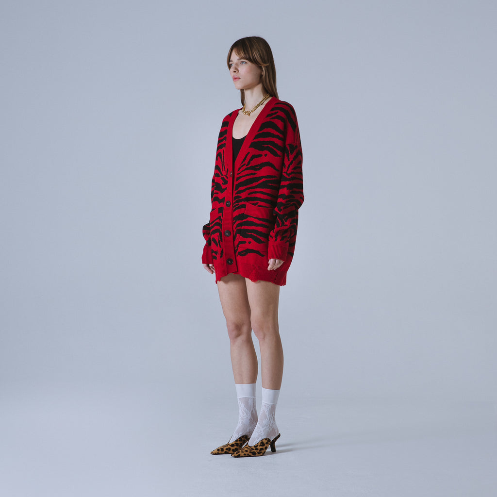 Sveta Milano Cardigan lungo jacquard Georgia in rosso e nero Sconto