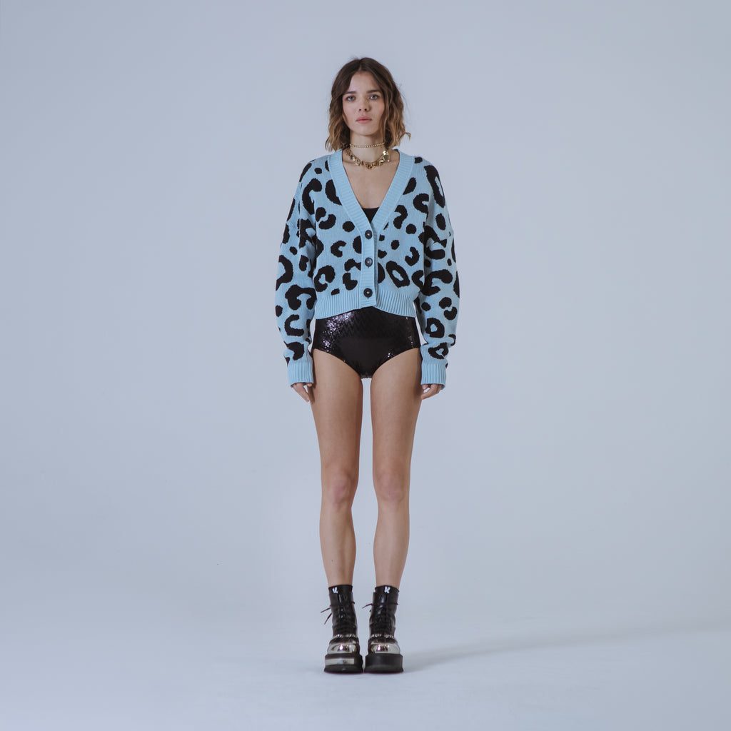 Sveta Milano Cardigan corto jacquard Dakota in azzurro e nero Sottocosto