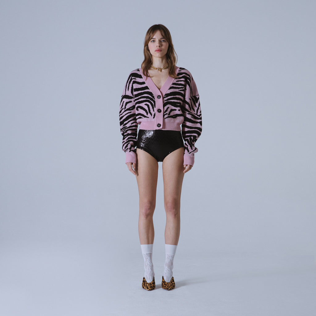 Sveta Milano Cardigan corto jacquard Dakota in rosa e nero Novità