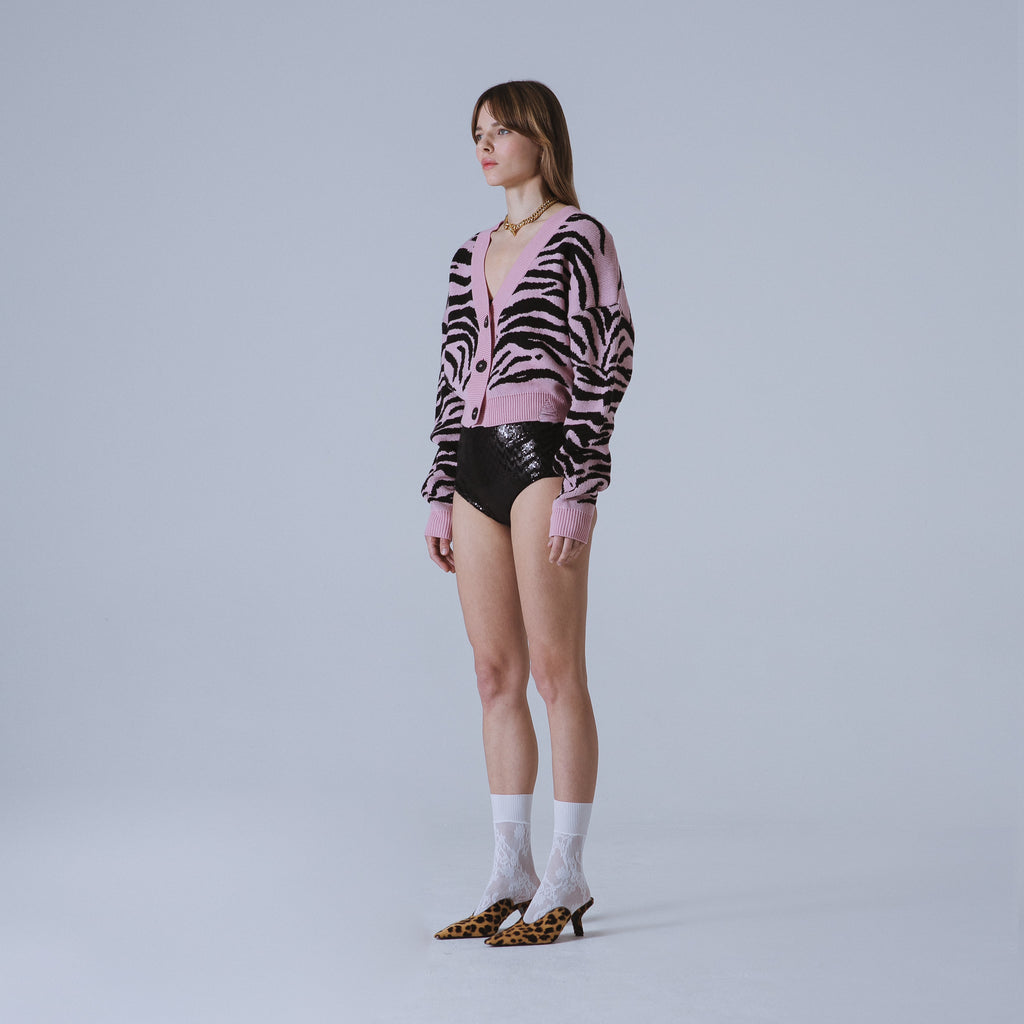 Sveta Milano Cardigan corto jacquard Dakota in rosa e nero Novità