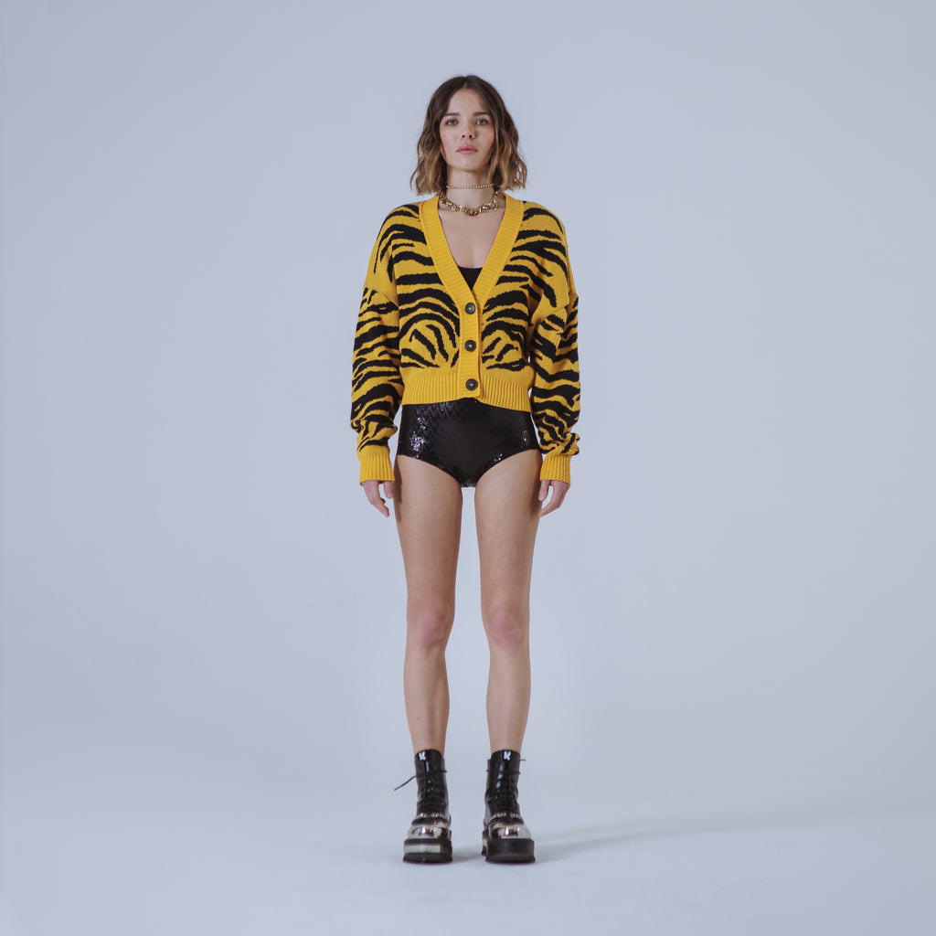 Sveta Milano Cardigan corto jacquard Dakota in giallo e nero Sconto