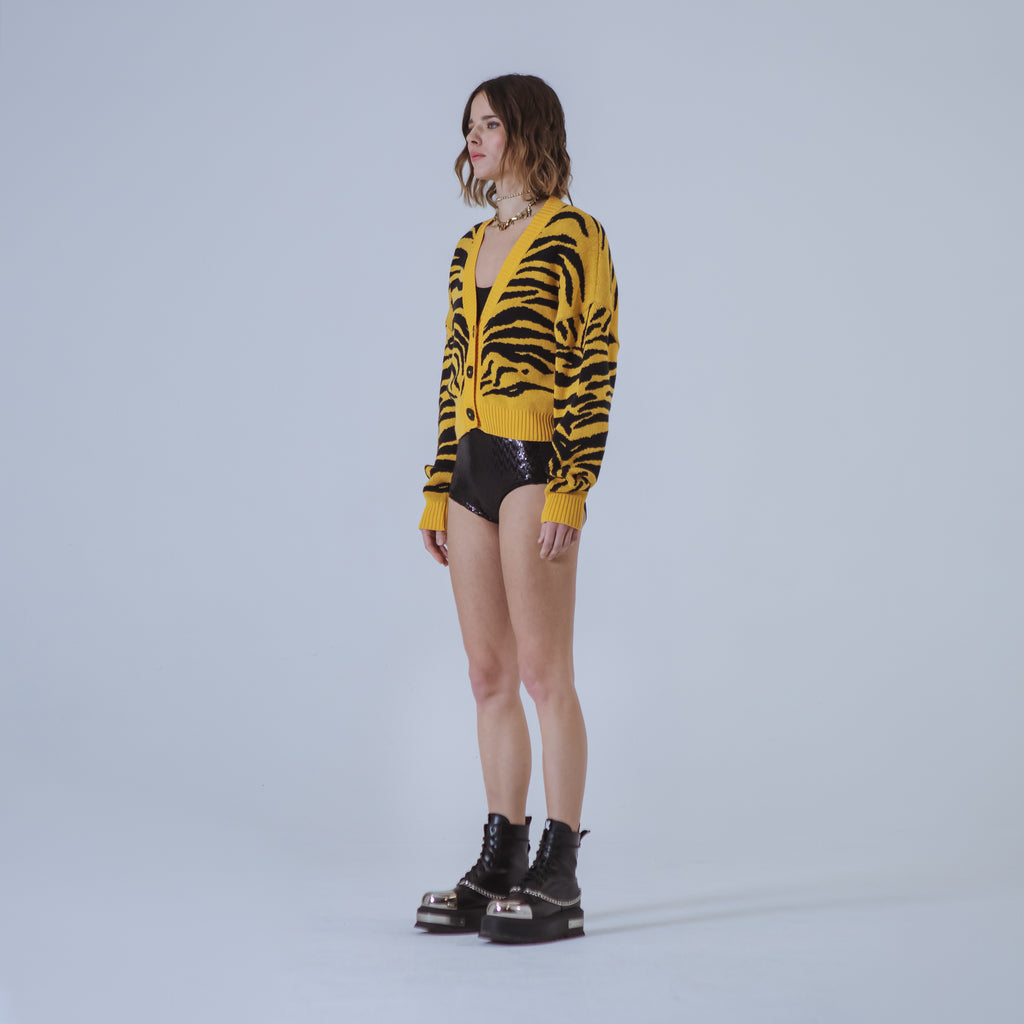 Sveta Milano Cardigan corto jacquard Dakota in giallo e nero Sconto