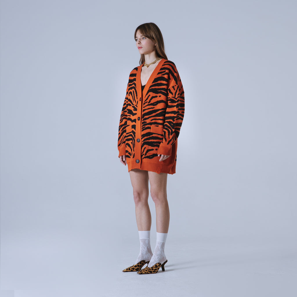 Sveta Milano Cardigan lungo jacquard Eléonore in arancione e nero Saldi