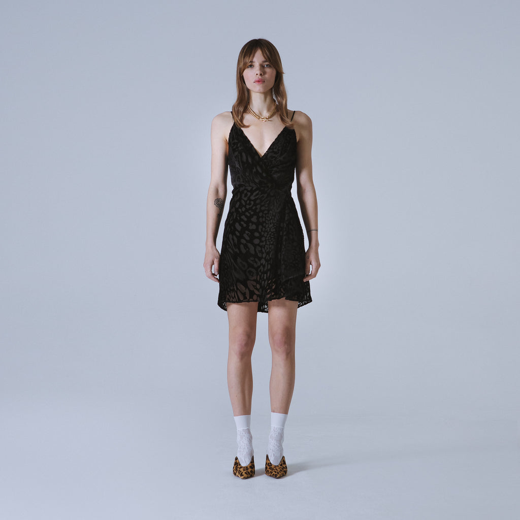 Sveta Milano Abito Nancy in velluto nero con motivo leopardo Spedizione Gratuita