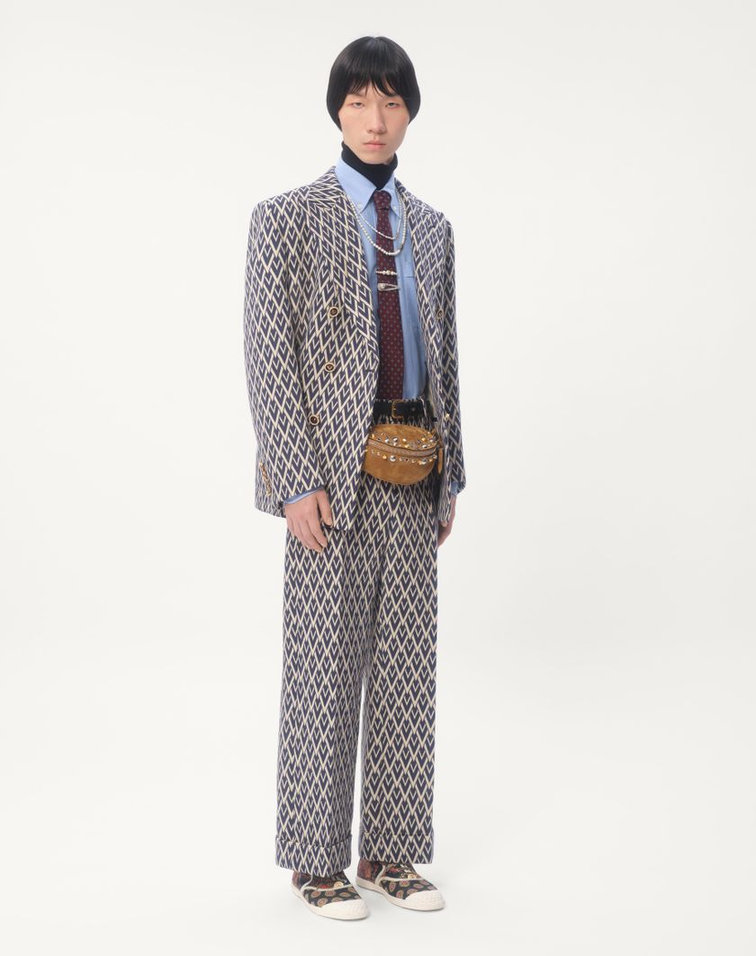Valentino Handbags Pantalone In Lana Con Risvolto Con Motivo Jacquard Toute La V per Uomo in Notte/crema | Valentino IT Qualità Garantita