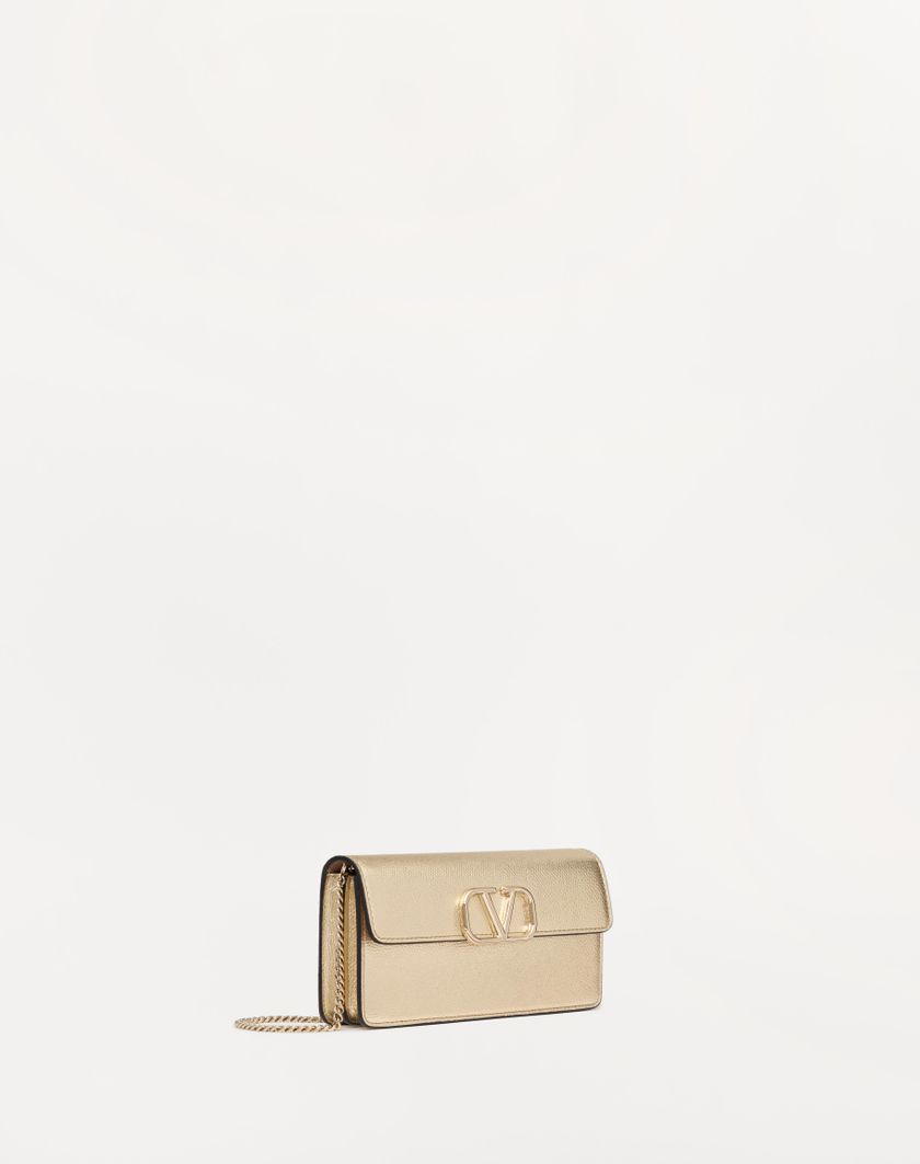 Valentino Handbags Portafoglio Con Catena Vlogo Signature In Vitello Granato Metallizzato per Donna in Platino | Valentino IT Economico