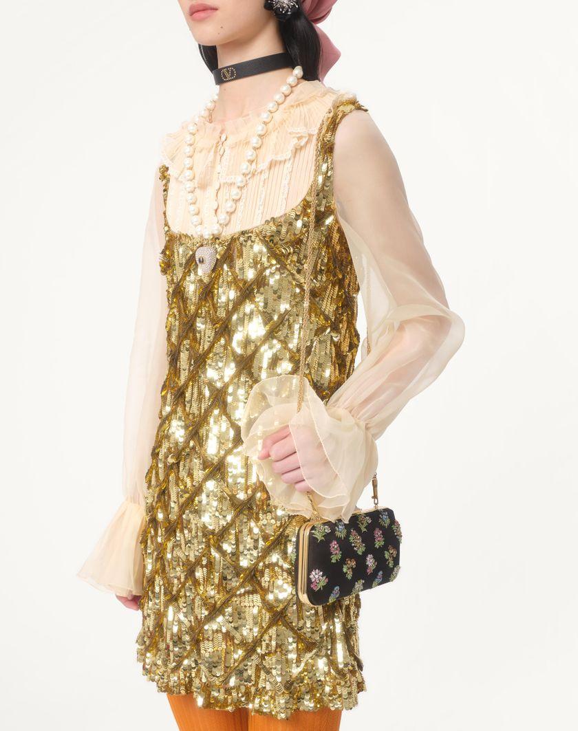 Valentino Handbags Abito Corto In Tulle Illusione Ricamato per Donna in Avorio/oro | Valentino IT Negozi Online