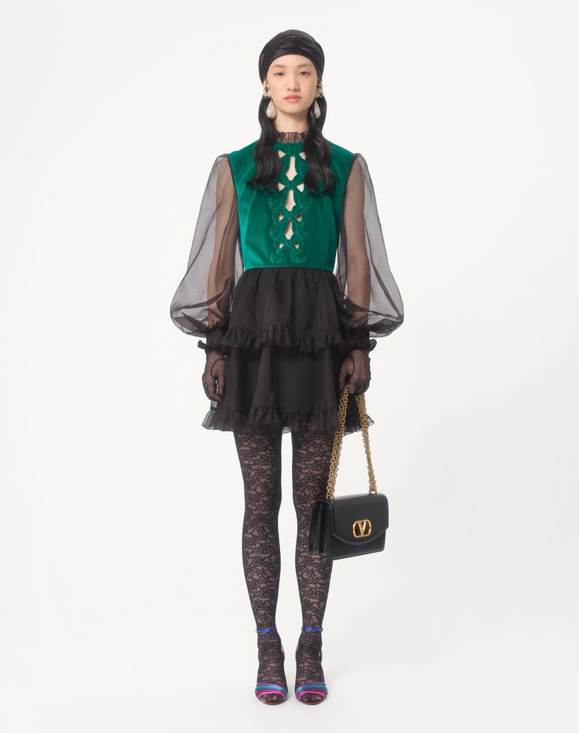 Valentino Handbags Abito Corto In Organza Ricamato per Donna in Nero/verde | Valentino IT Promozione Limitata