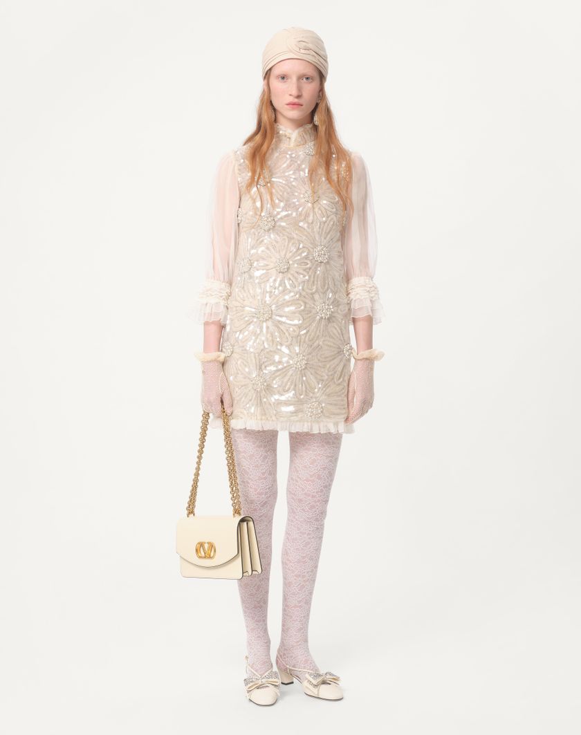 Valentino Handbags Abito Corto In Organza Ricamato per Donna in Grigio Perla | Valentino IT Affare Del Giorno