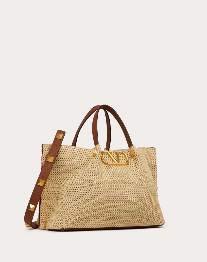 Valentino Handbags Borsa Shopping Media In Rafia Sintetica per Donna in Selleria/naturale/rouge Pur | Valentino IT Pezzi Unici