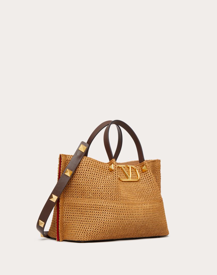 Valentino Handbags Borsa Shopping Media In Rafia Sintetica per Donna in Biscotto/cioccolato | Valentino IT Soddisfazione Garantita