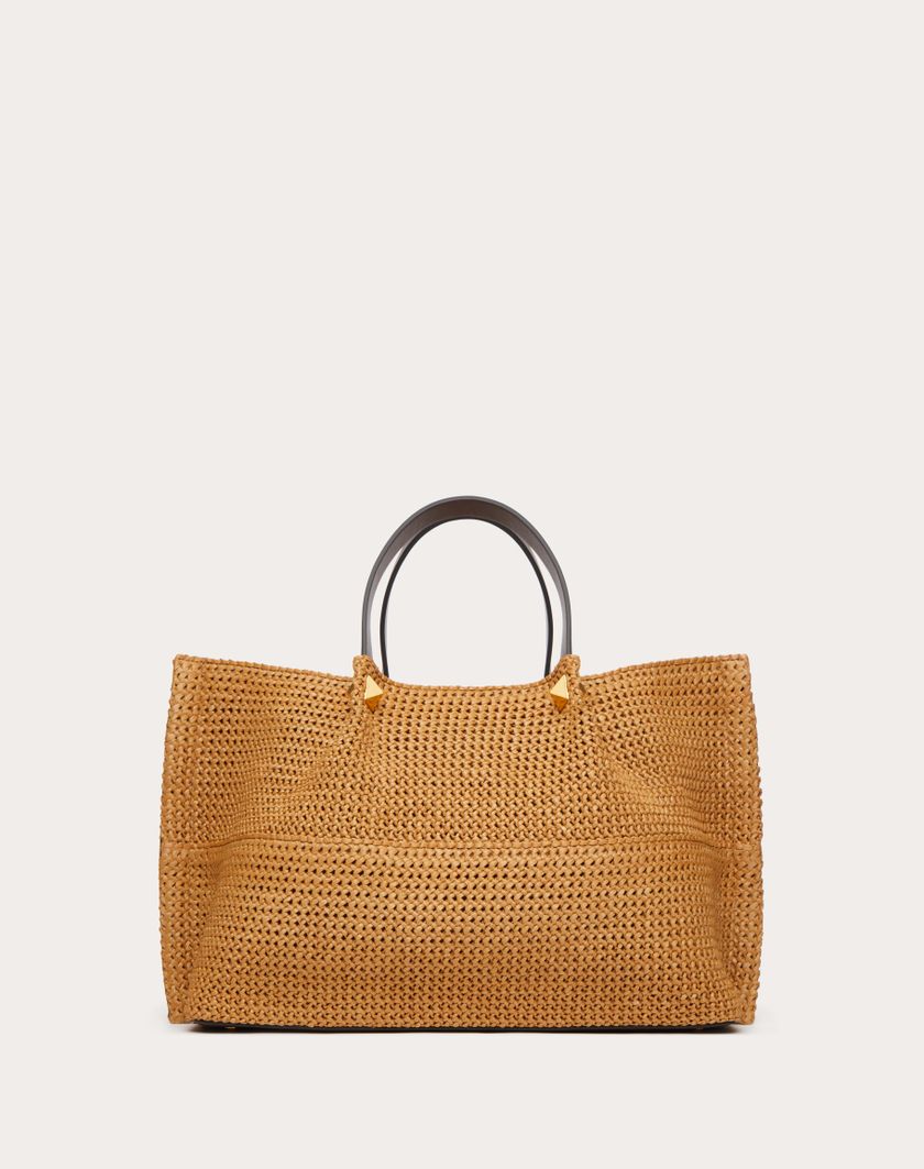 Valentino Handbags Borsa Shopping Media In Rafia Sintetica per Donna in Biscotto/cioccolato | Valentino IT Soddisfazione Garantita