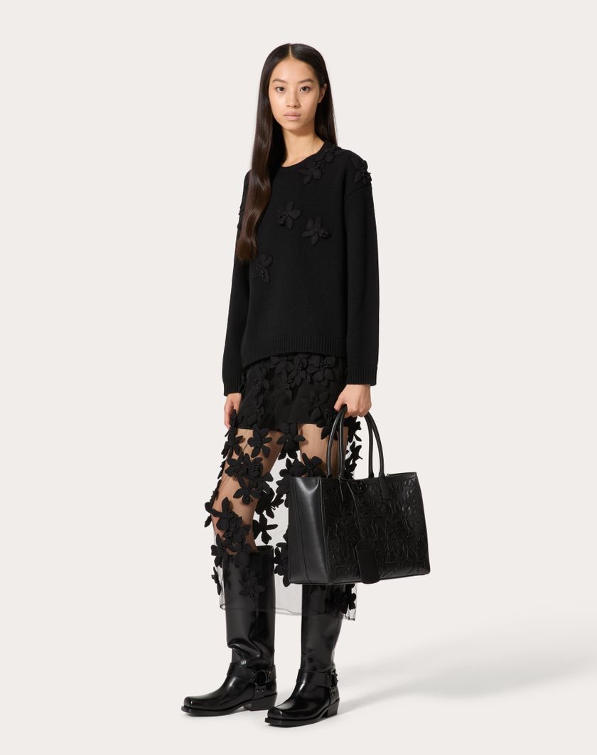 Valentino Handbags Borsa Shopping Media Vlogo Locker Tote In Pelle Con Rose Ricamate per Donna in Nero | Valentino IT Acquista Ora