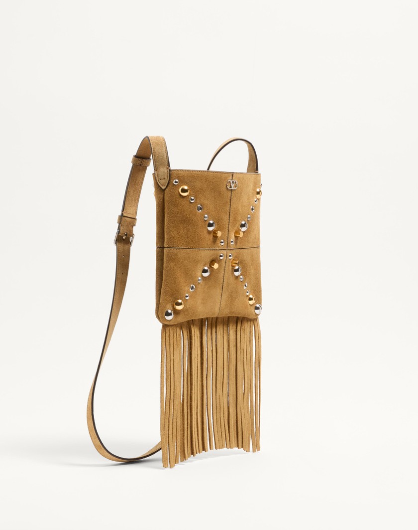 Valentino Handbags Borsa A Spalla Piccola Valentino Garavani Nellcôte In Suede Con Frange per Donna in Havana Beige | Valentino IT Presa