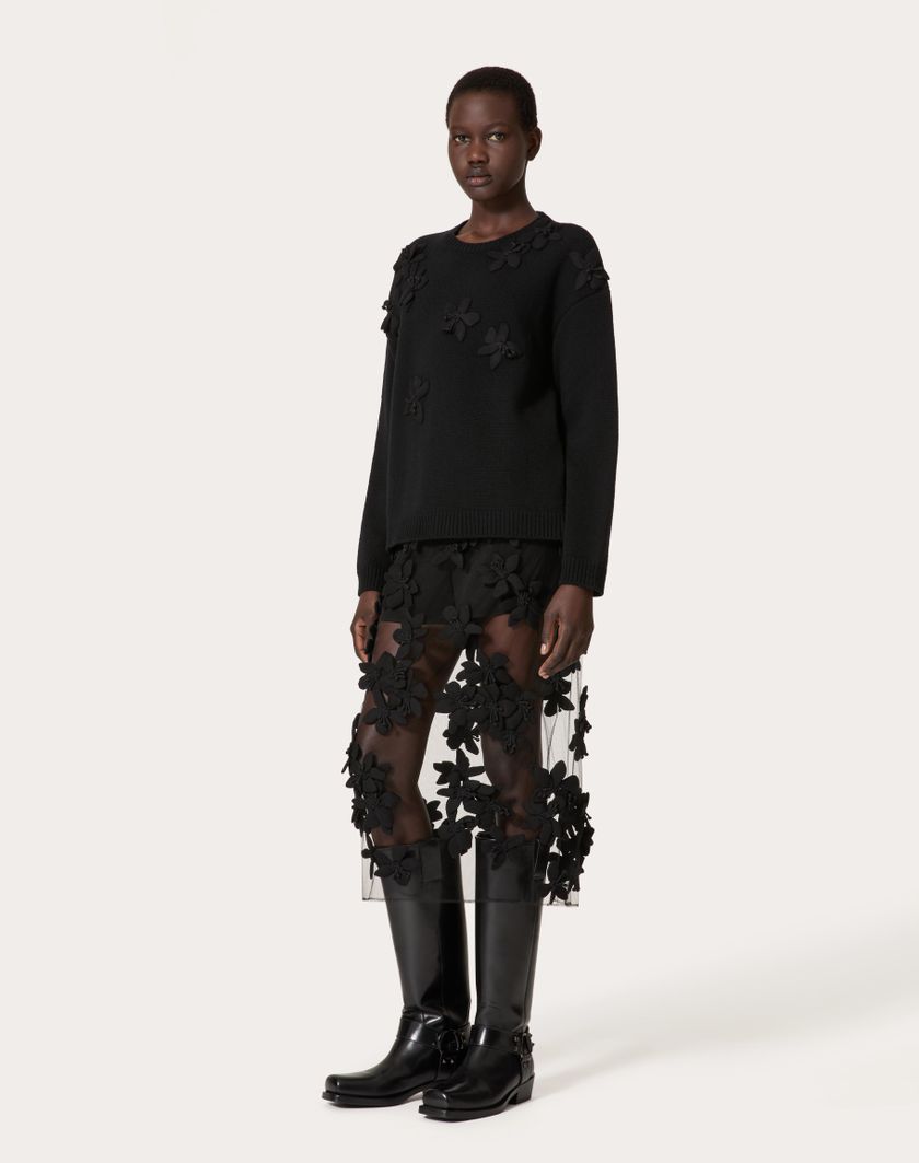 Valentino Handbags Gonna Midi In Tulle Illusione Ricamata per Donna in Nero | Valentino IT Vendita Calda