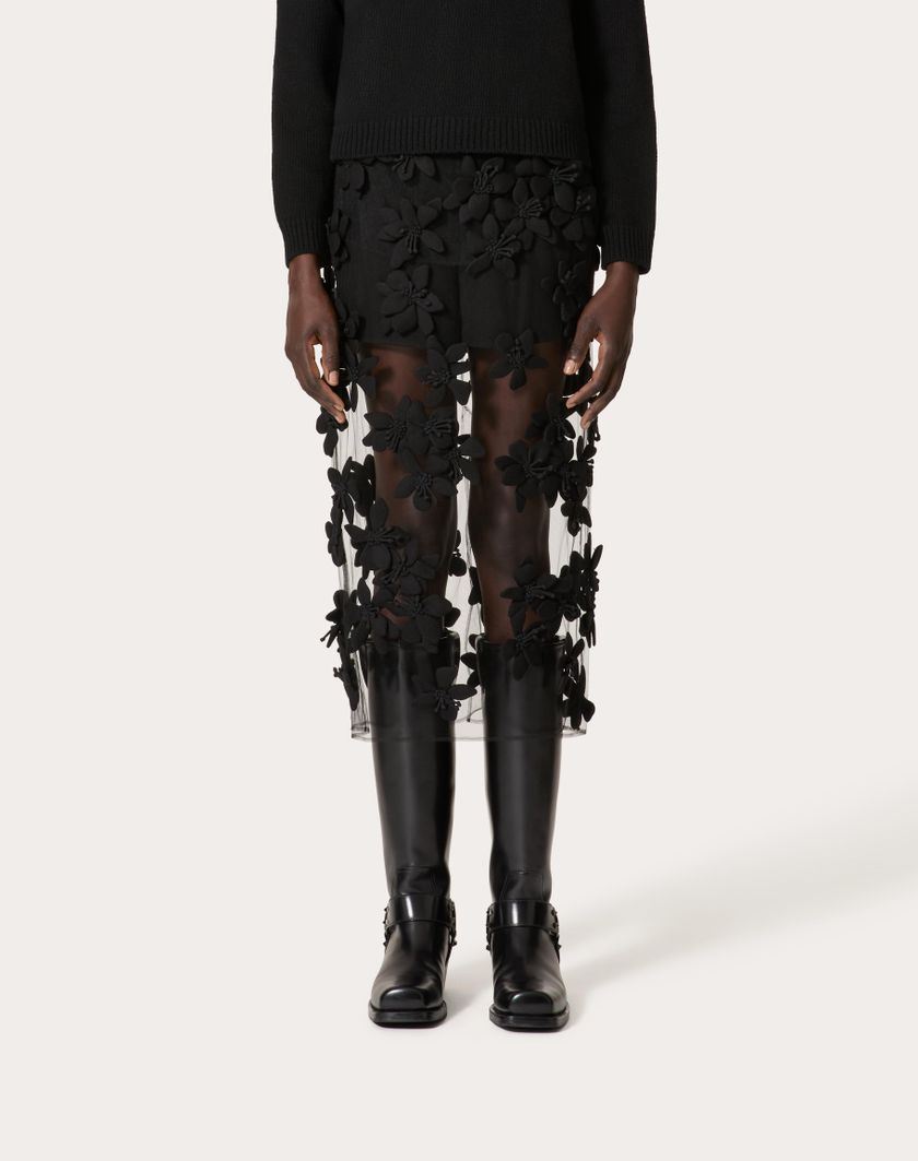 Valentino Handbags Gonna Midi In Tulle Illusione Ricamata per Donna in Nero | Valentino IT Vendita Calda