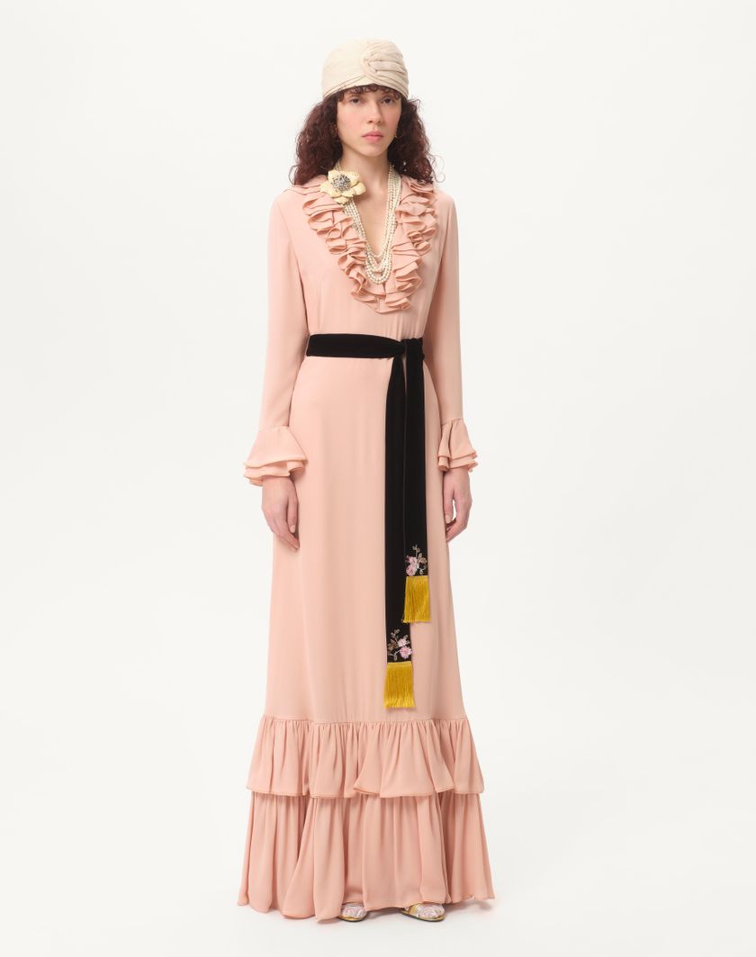 Valentino Handbags Abito Lungo In Georgette Ricamato per Donna in Rose Mist | Valentino IT Offerta