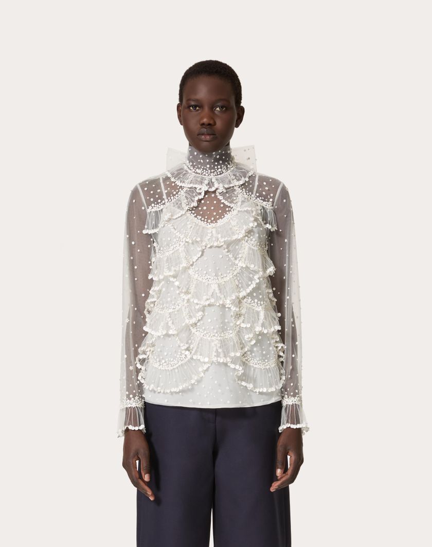 Valentino Handbags Top In Tulle Illusione Ricamato per Donna in Avorio | Valentino IT Nuovi prodotti