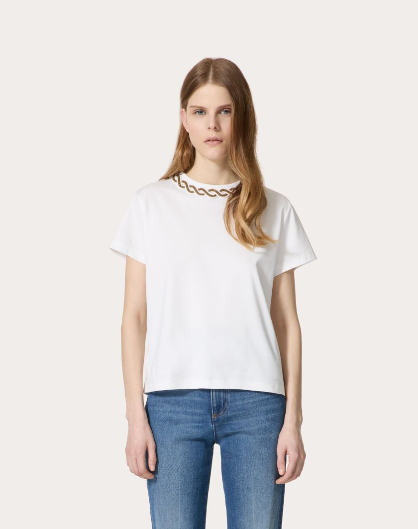 Valentino Handbags T-shirt In Cotton Jersey Ricamata per Donna in Bianco | Valentino IT In Linea