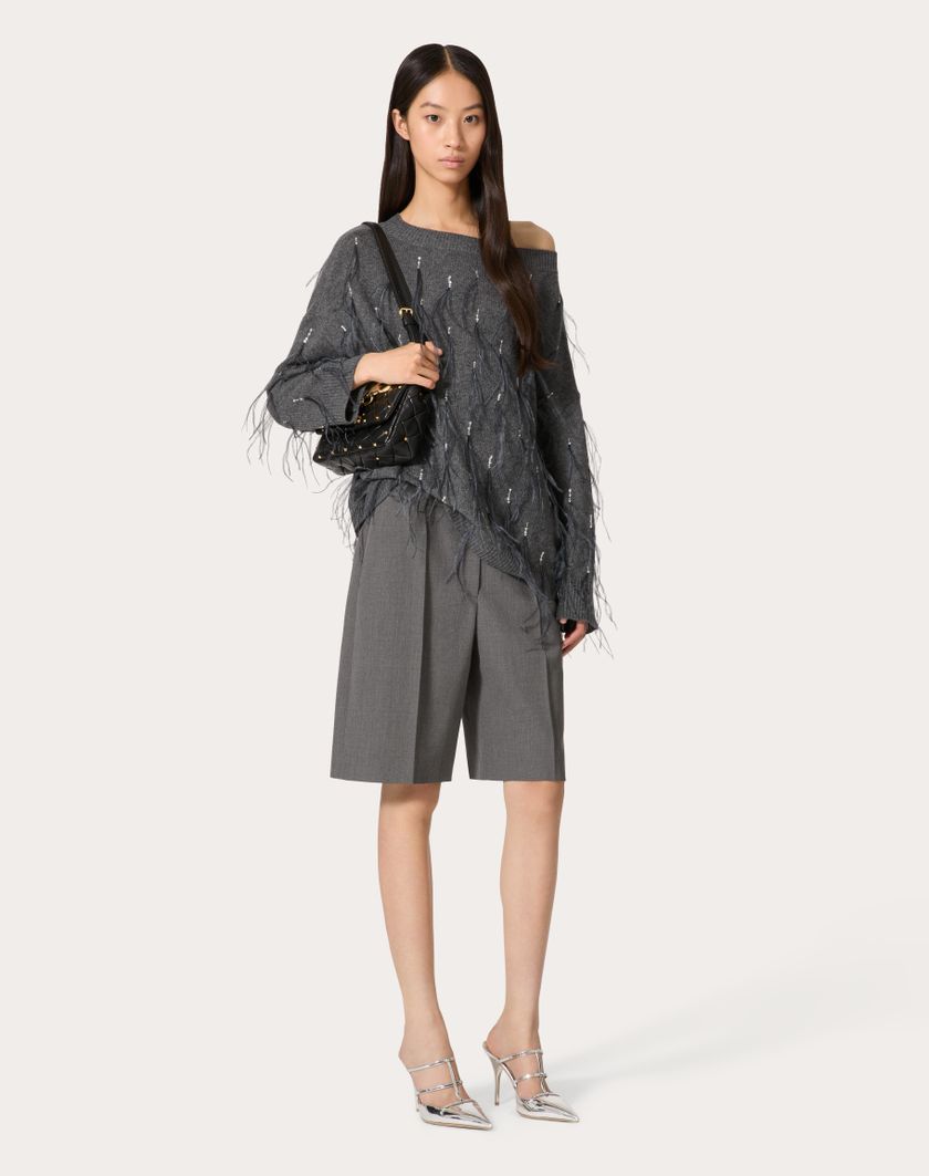 Valentino Handbags Maglia In Lana Con Piume Ricamata per Donna in Grigio Scuro | Valentino IT Offerta