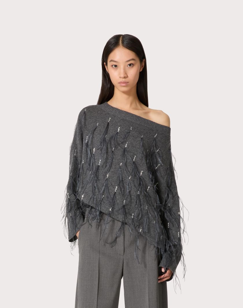 Valentino Handbags Maglia In Lana Con Piume Ricamata per Donna in Grigio Scuro | Valentino IT Offerta